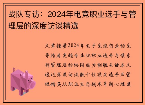 战队专访：2024年电竞职业选手与管理层的深度访谈精选