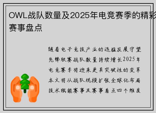 OWL战队数量及2025年电竞赛季的精彩赛事盘点